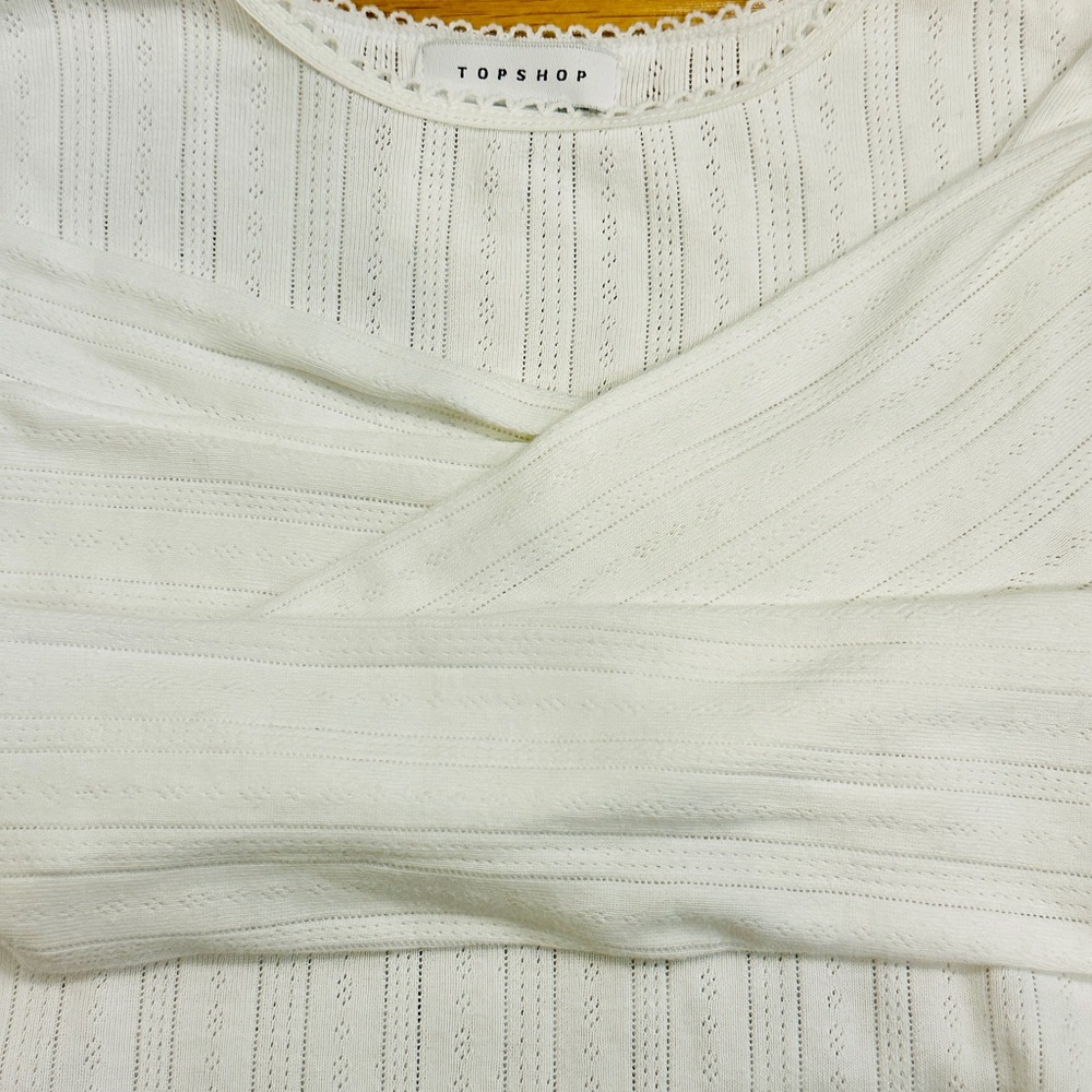 Topshop White Pointelle cotton knit long sleeve top XS